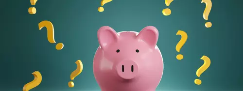 En spargris och animerade frågetecken runtom